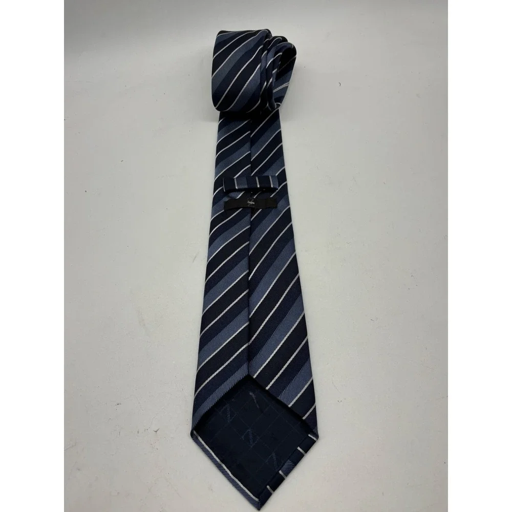 Ermenegildo Zegna Mens Silk Tie Navy Blue Silver Diagonal Stripe Made in Italy